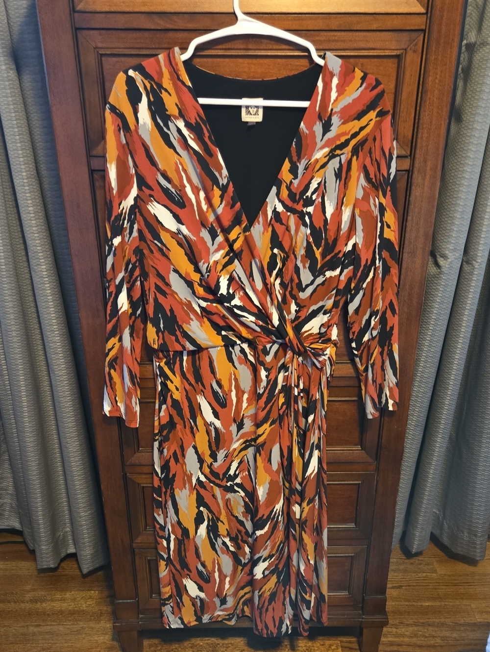 Anne Klein Rust Orange Black Cream Abstract Wrap Midi Dress